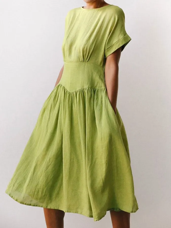 2023 New Linen Grass Green Midi Dress