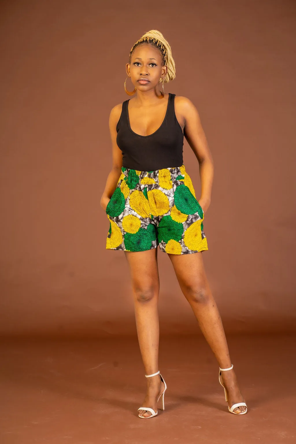 Anthonia Ankara High Waisted Shorts | Yellow and Green African Print