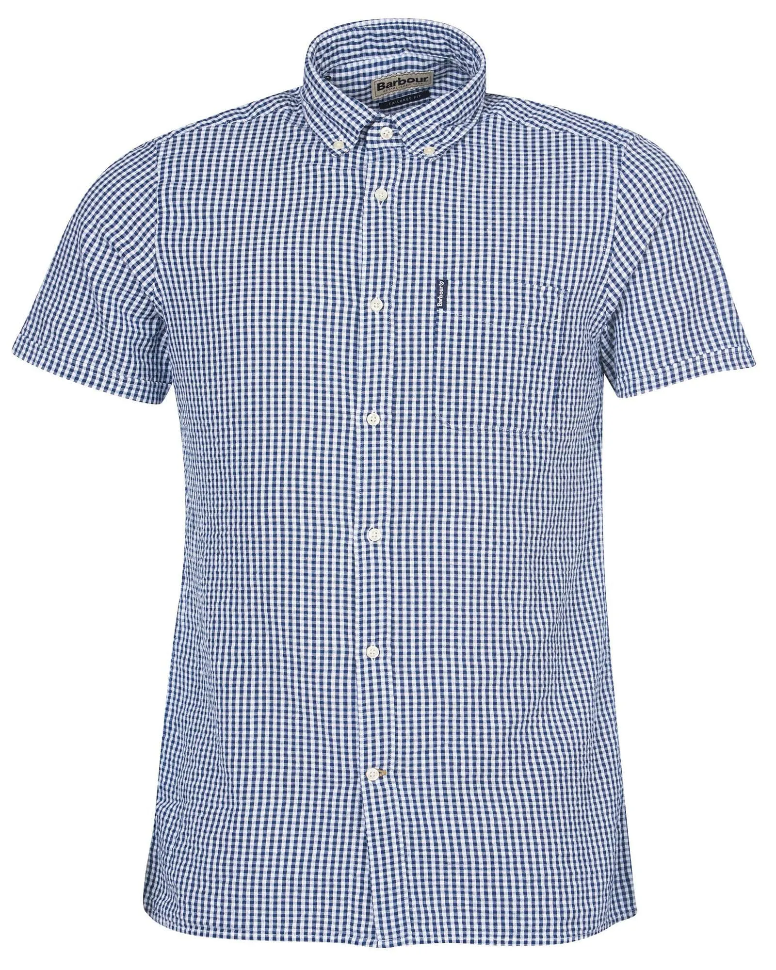 Barbour Seer 8 Inky Blue and White Seersucker Gingham Check Short Sleeve Button Down Collar Tailored Fit Shirt