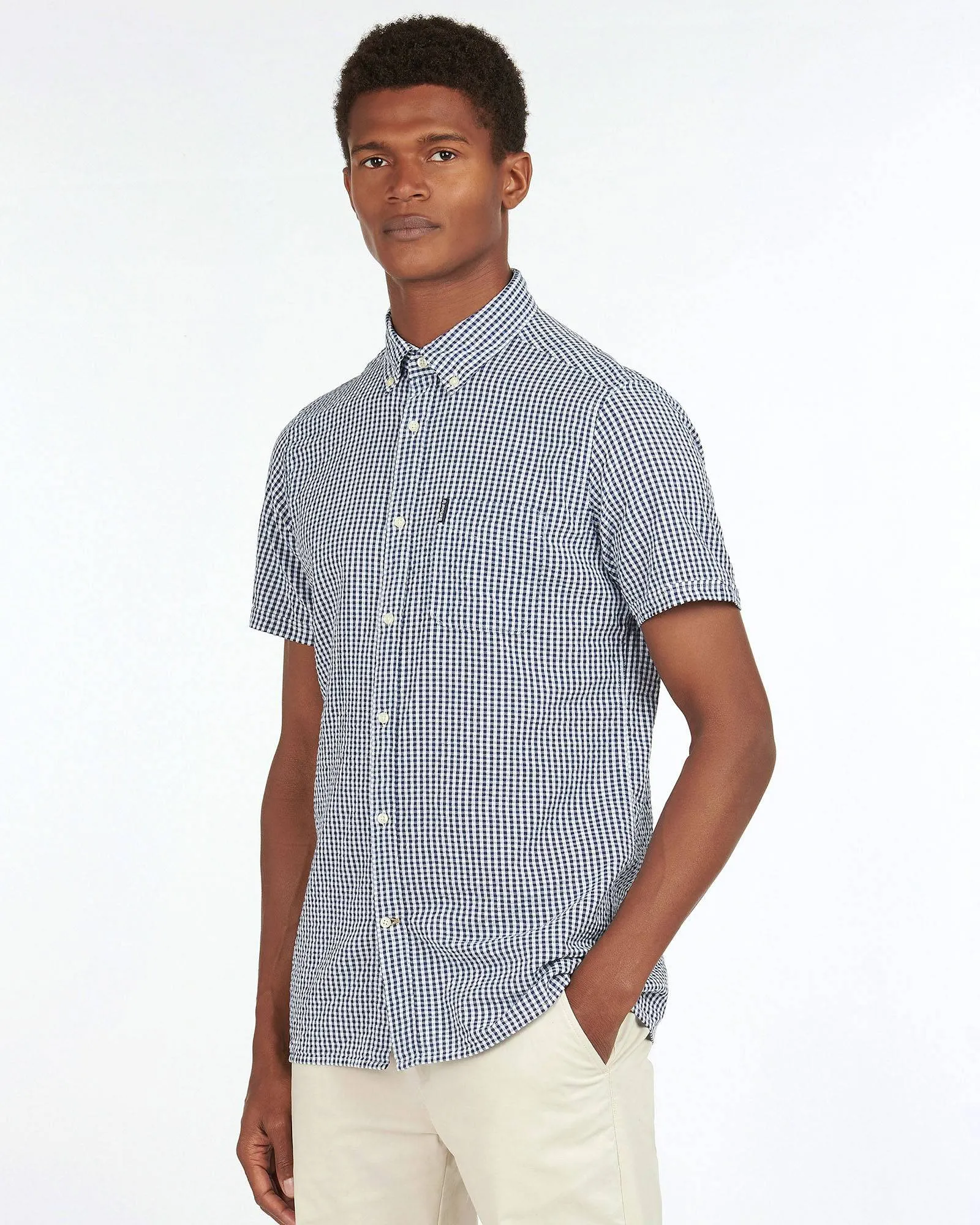 Barbour Seer 8 Inky Blue and White Seersucker Gingham Check Short Sleeve Button Down Collar Tailored Fit Shirt