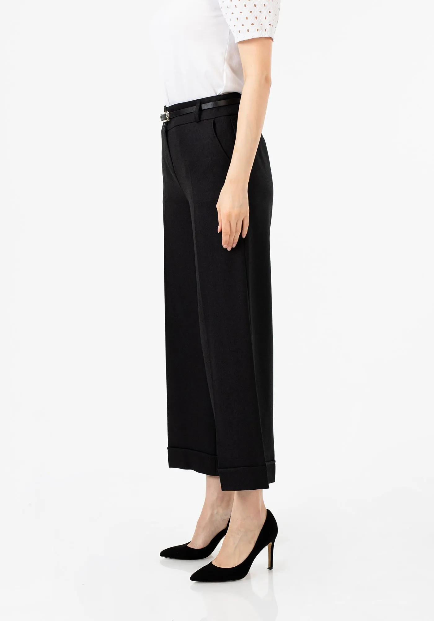 Black Wide Leg Cropped Work Pants with Pockets & Belt - G-Line