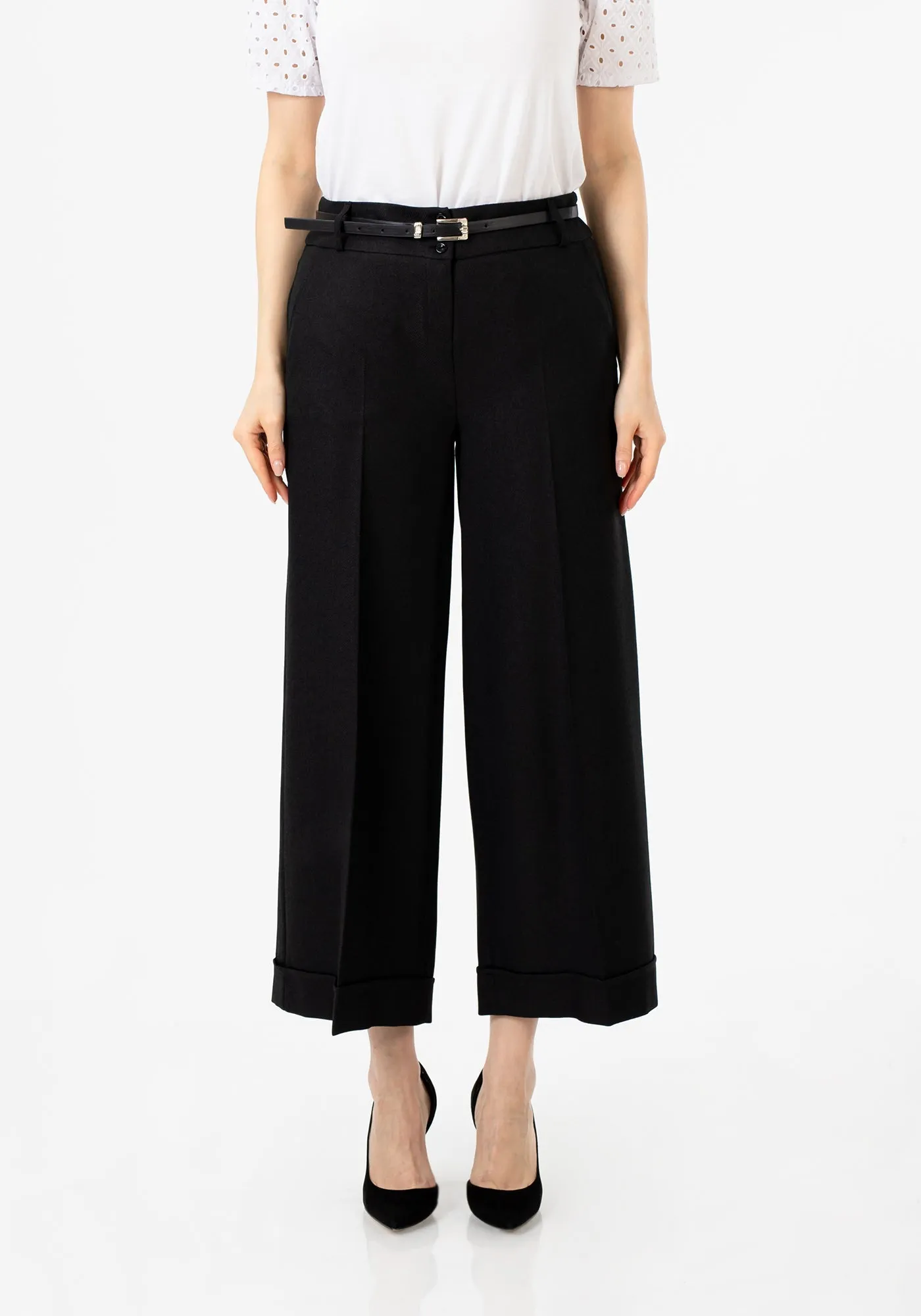 Black Wide Leg Cropped Work Pants with Pockets & Belt - G-Line