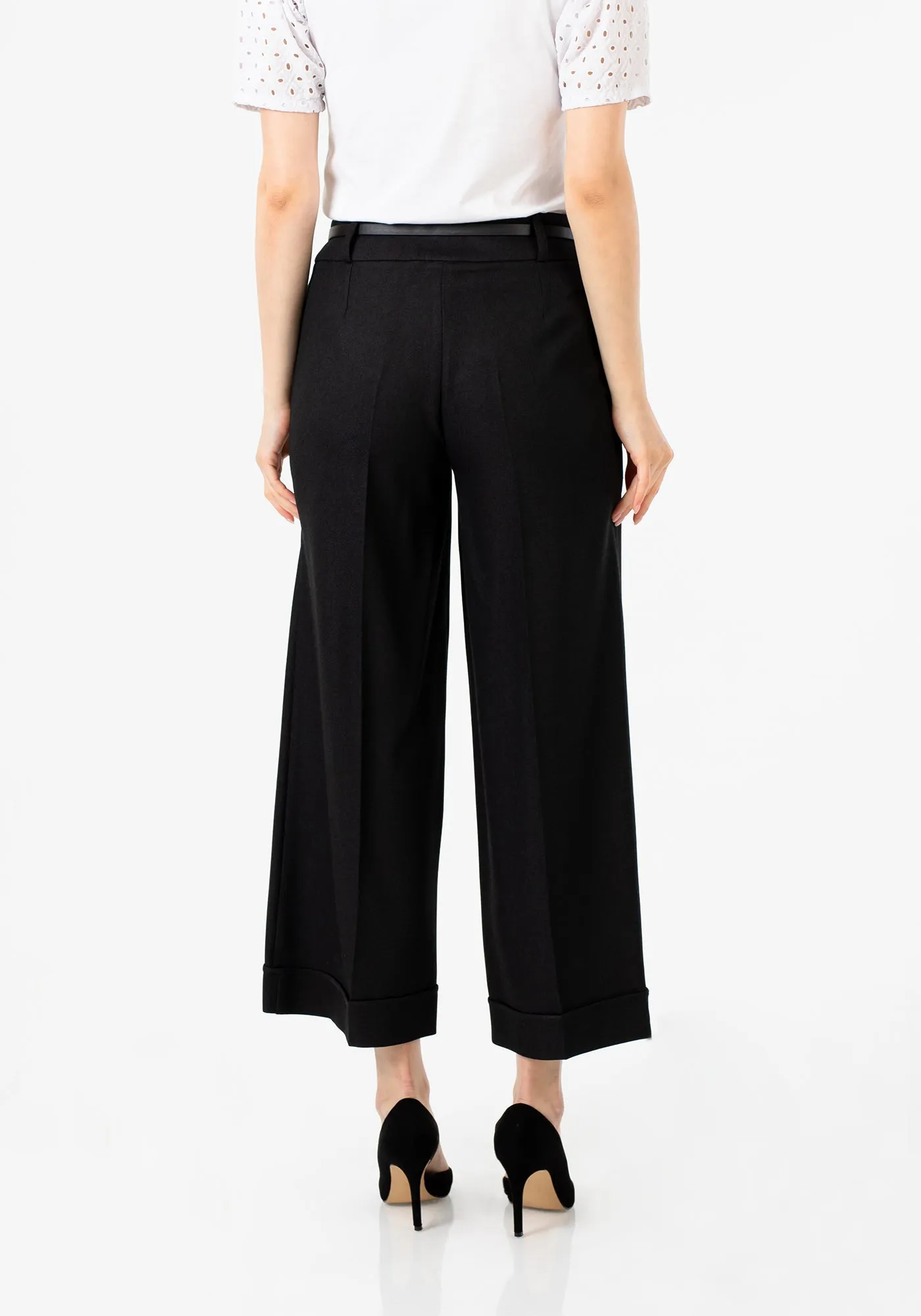 Black Wide Leg Cropped Work Pants with Pockets & Belt - G-Line