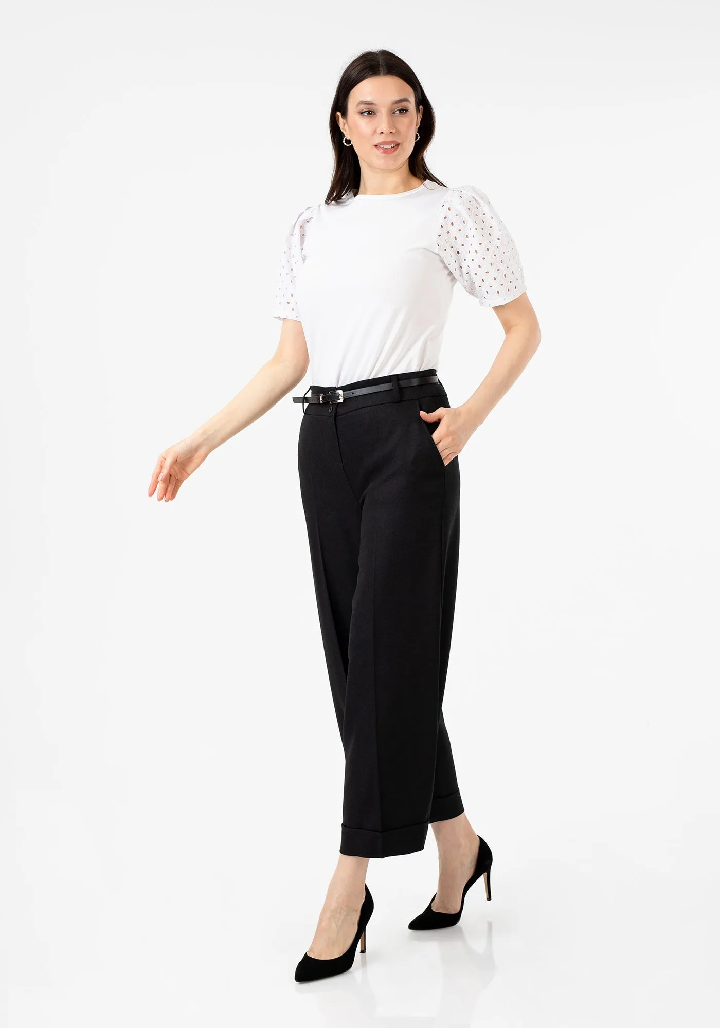 Black Wide Leg Cropped Work Pants with Pockets & Belt - G-Line