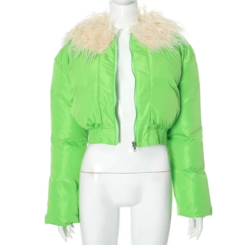 Brandi Fur Collar Bubble Puff Slim Crop Jackets