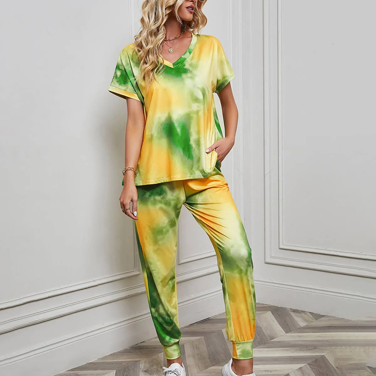 CASUAL V-NECK TIE-DYE SPORTSWEAR SUIT_CWSTB0535