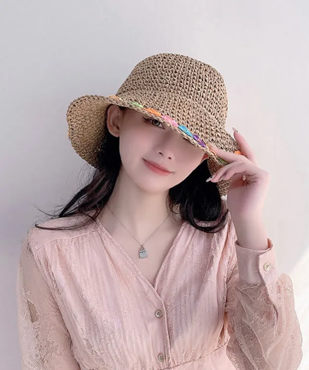 Chic Khaki Floral Straw Woven Floppy Sun Hat LY525