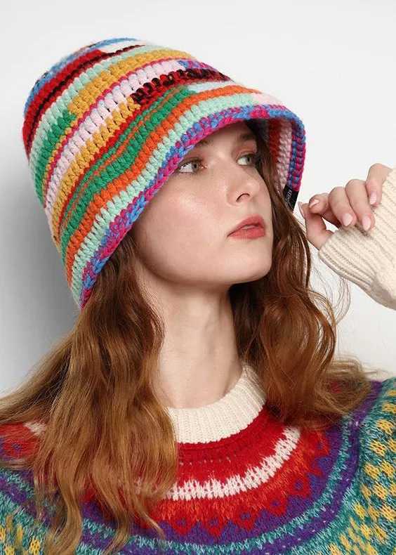 Chic Rainbow Striped Oversized Knit Bucket Hat