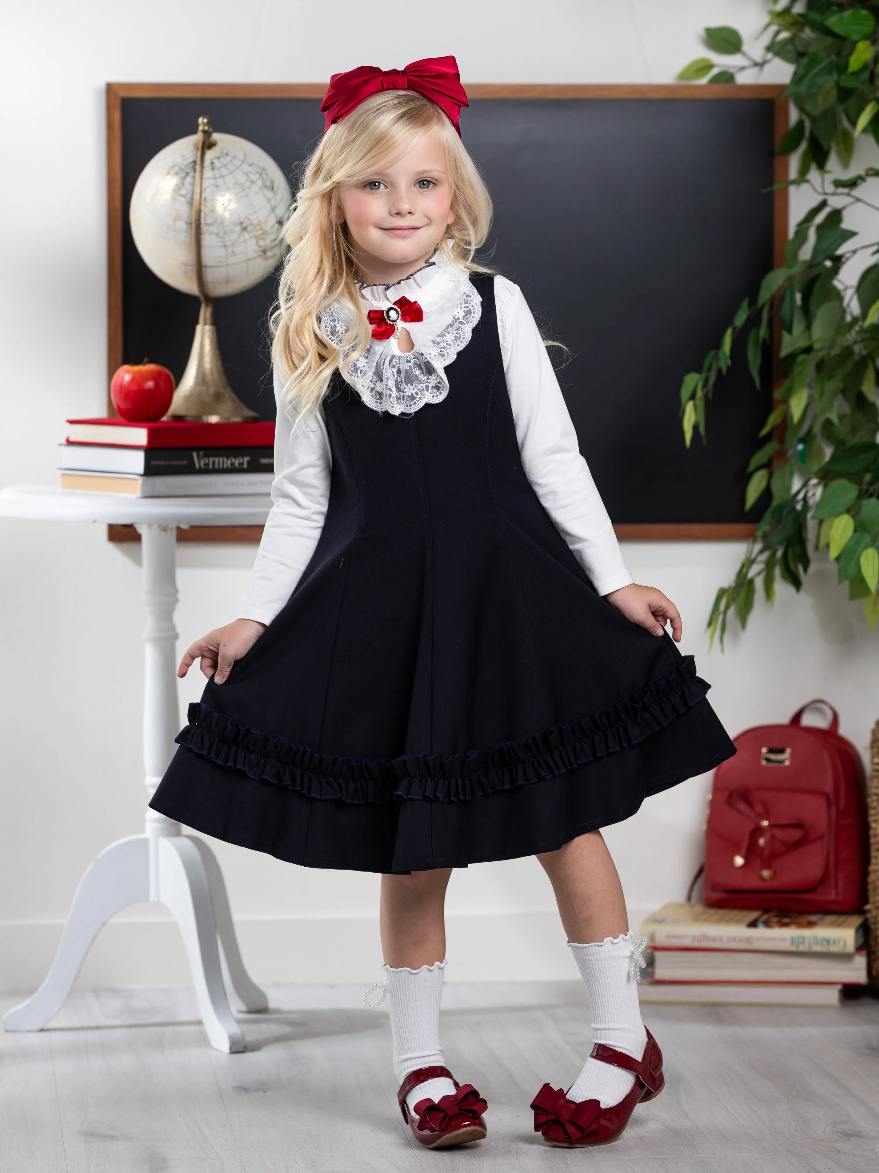 Classic Elegance Ruffle Front Navy Dress by Kids Couture