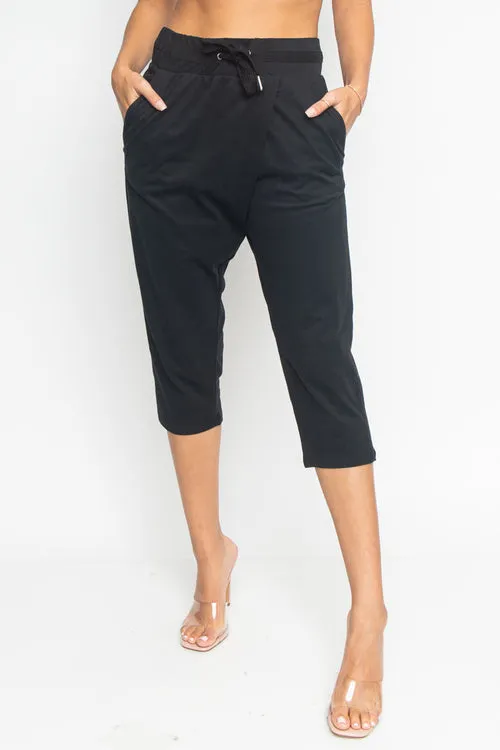 Cropped Sweat Pants with Asymmetrical Seam, Tummy Control Elastic Waistband and Front & Back Cargo Pockets (HA53365)