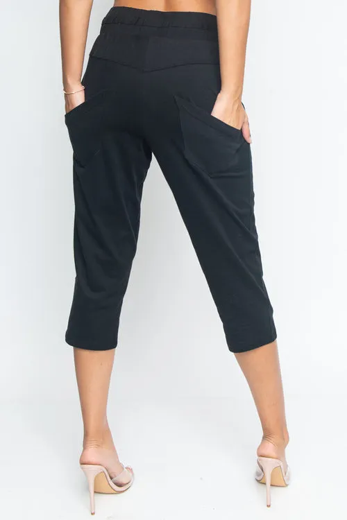 Cropped Sweat Pants with Asymmetrical Seam, Tummy Control Elastic Waistband and Front & Back Cargo Pockets (HA53365)