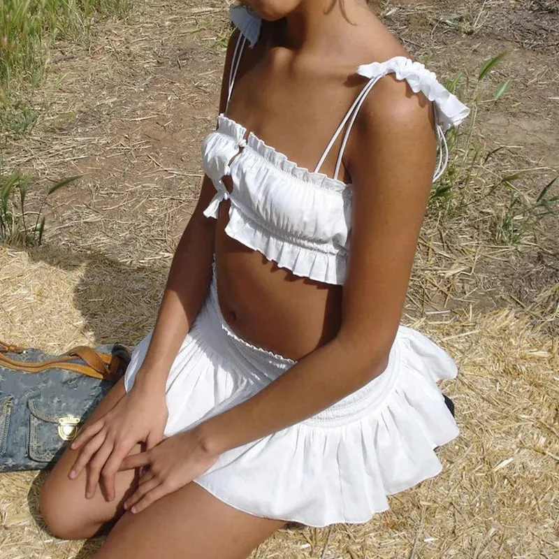 Cryptographic Y2K Sweet White Two Piece Sets Summer Elegant Outfits