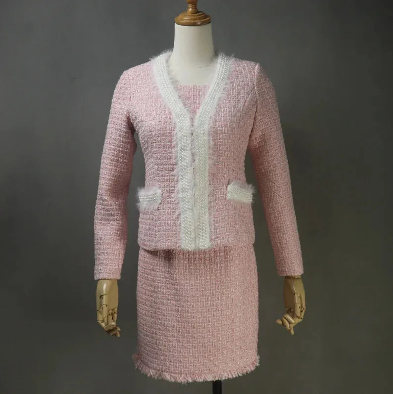 Custom Women's Suit Tweed Pearl Faux Fur Trim Jacket   Dress  Pink Suit