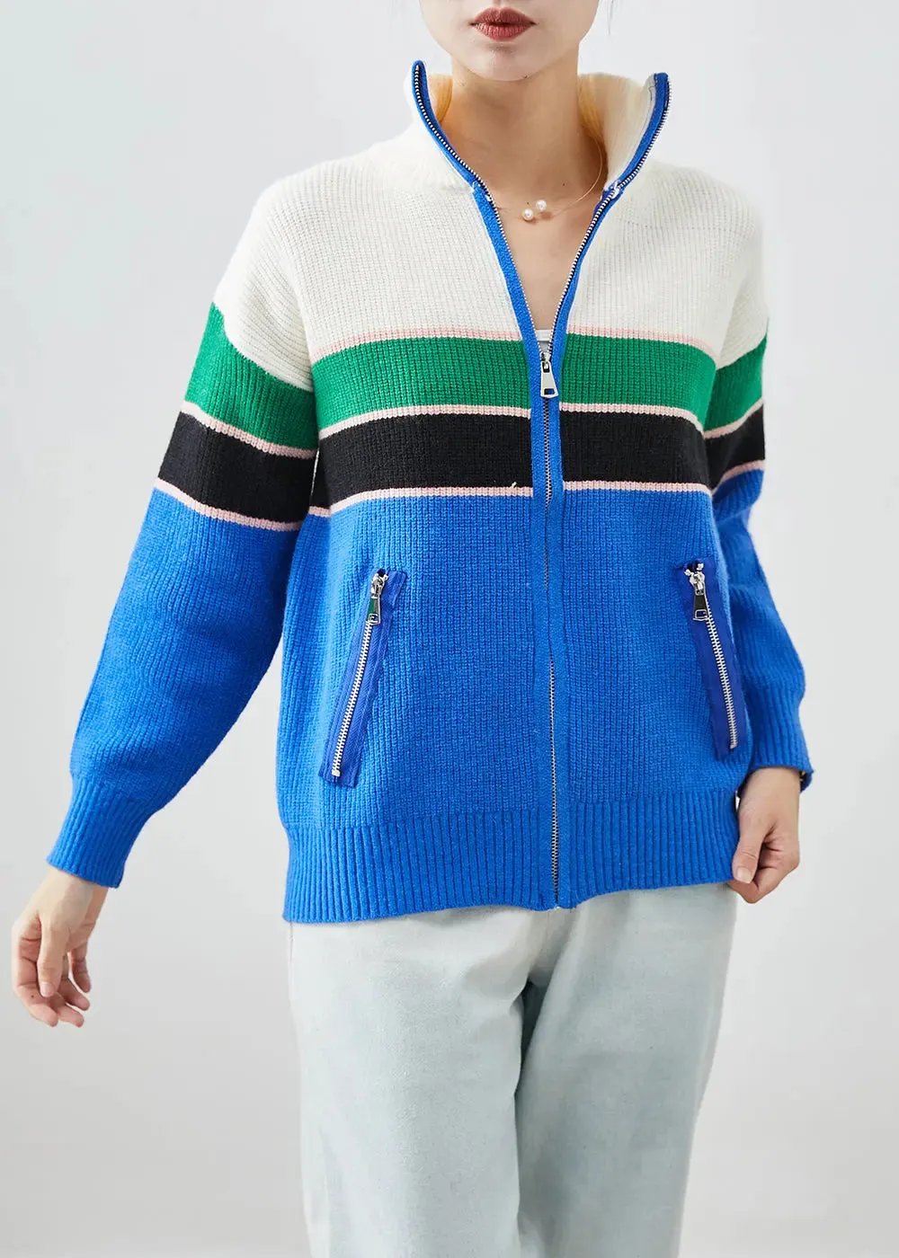 Design Zip Up Patchwork Knit Coats