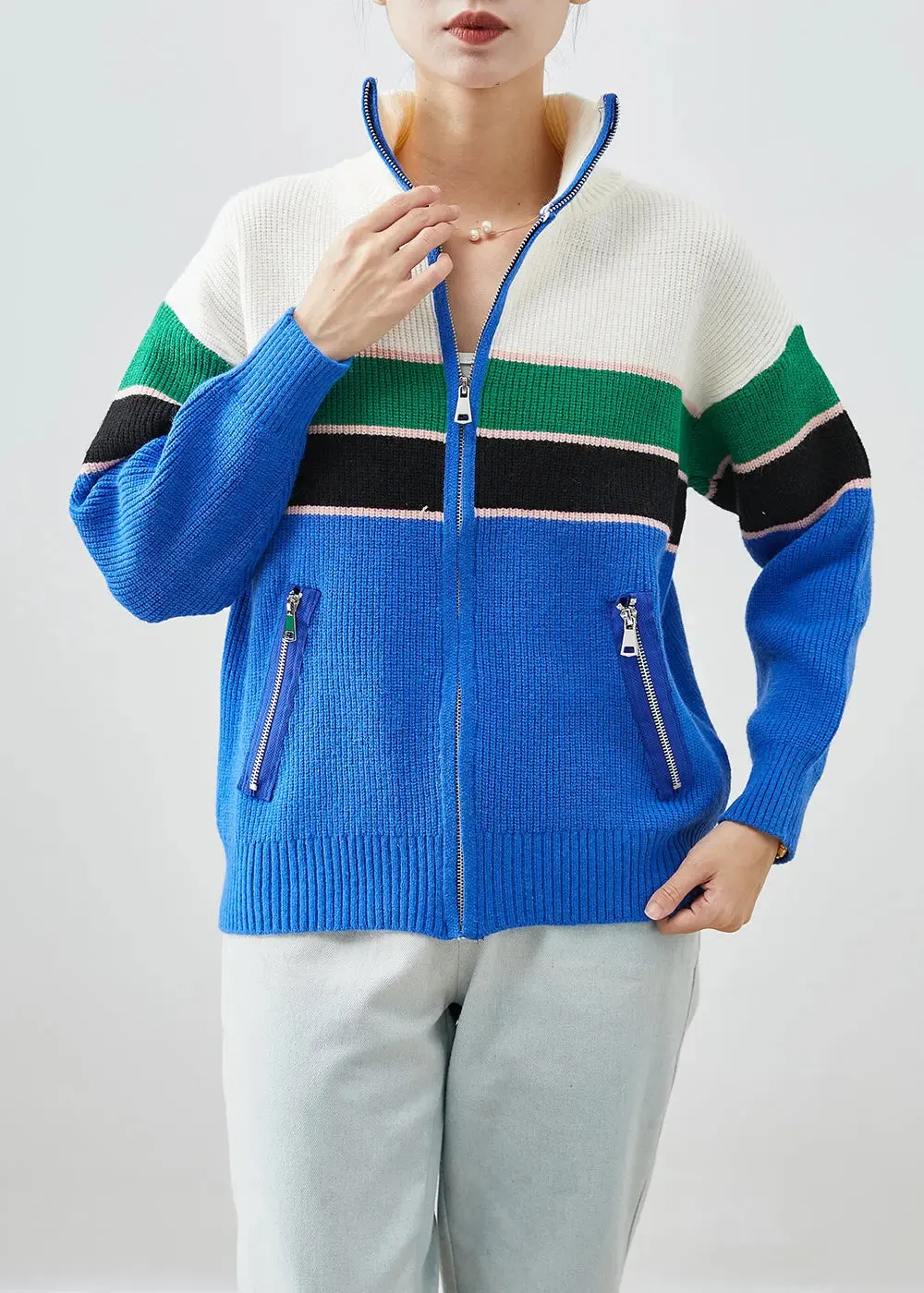 Design Zip Up Patchwork Knit Coats