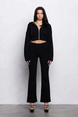 Fleece Zip-Up Cropped Hoodie W/Flare Pants Set