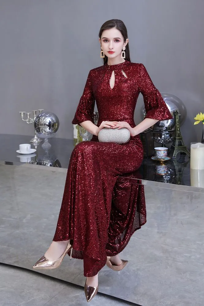 Glitter Half Sleeves Key hole Mermaid Party Dress Burgundy