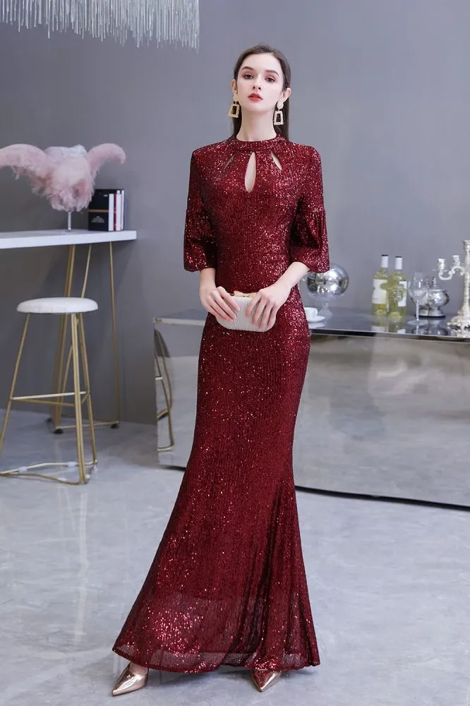 Glitter Half Sleeves Key hole Mermaid Party Dress Burgundy