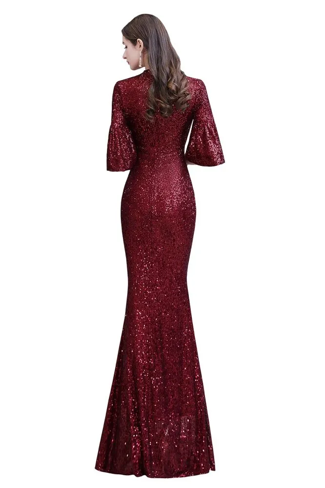 Glitter Half Sleeves Key hole Mermaid Party Dress Burgundy