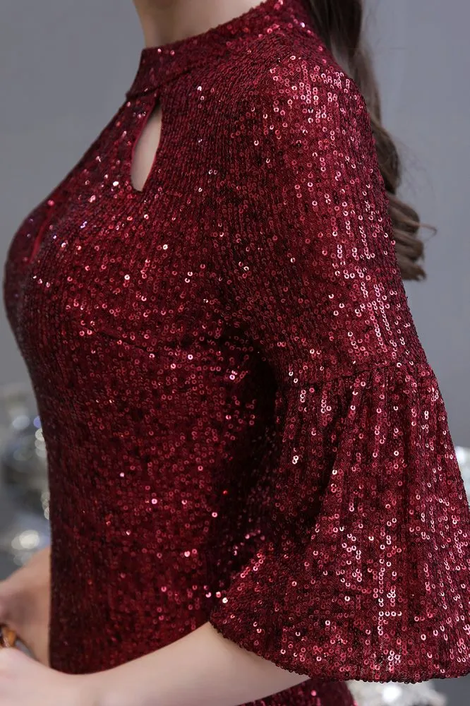 Glitter Half Sleeves Key hole Mermaid Party Dress Burgundy