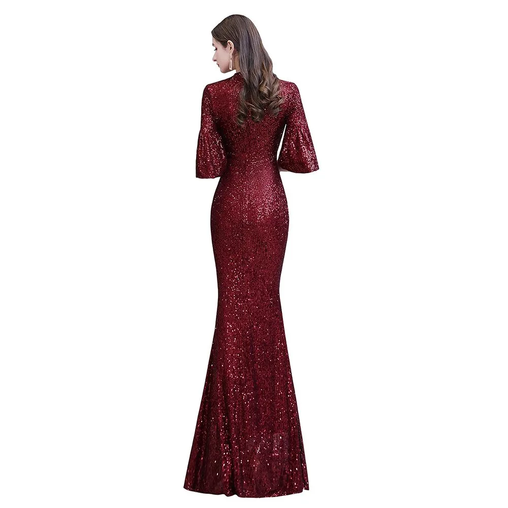 Glitter Half Sleeves Key hole Mermaid Party Dress Burgundy