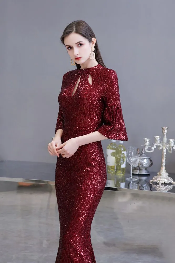 Glitter Half Sleeves Key hole Mermaid Party Dress Burgundy