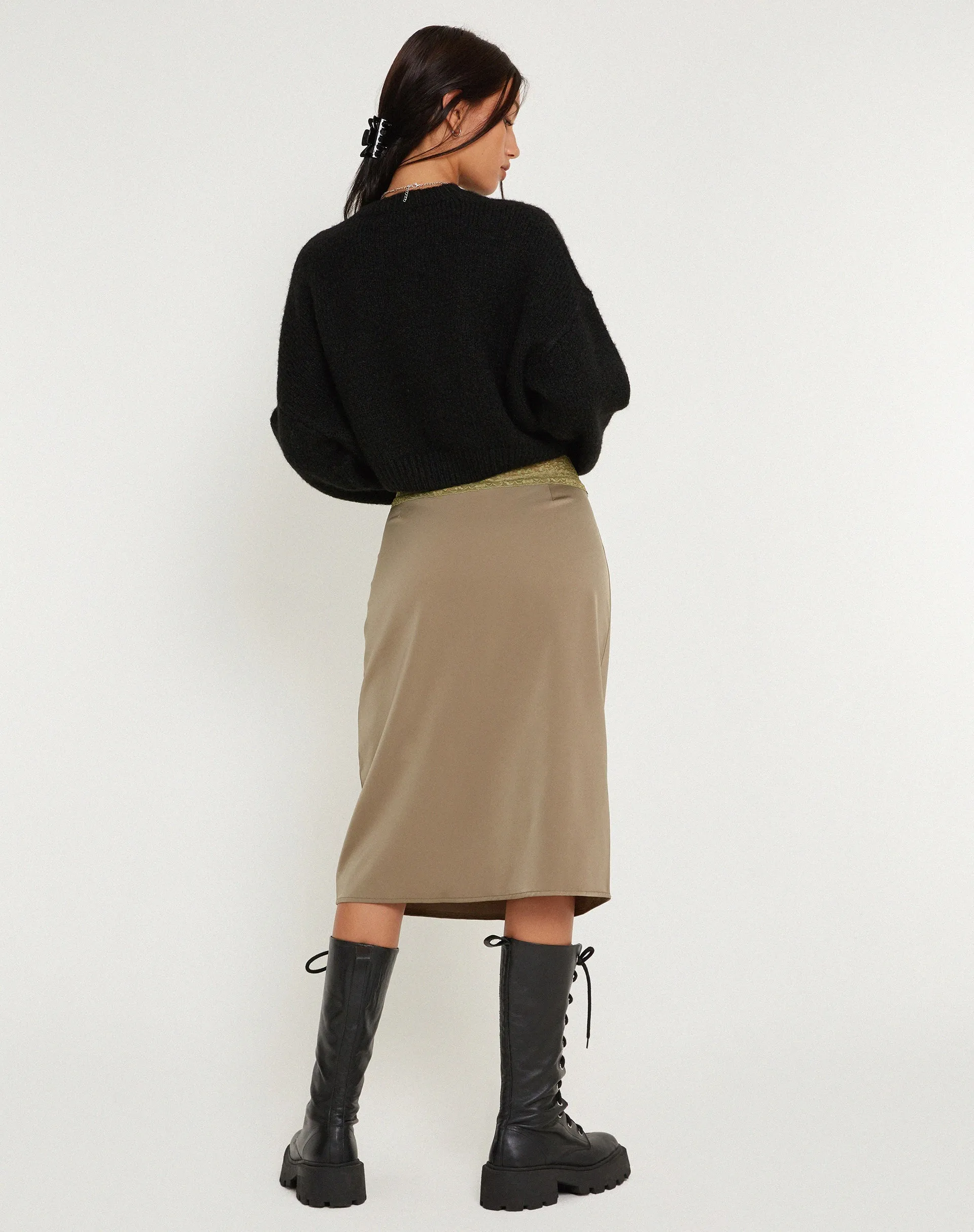 Golda Midi Skirt in Satin Avocado