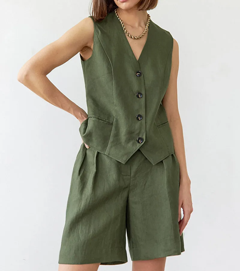 Green Waistcoat Wide-leg Pants Two-piece Set