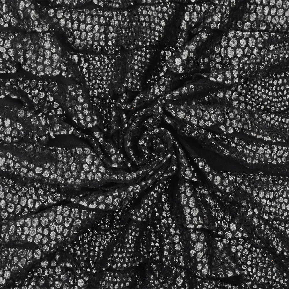 Just Black-Silver Spots Foil Printed Stretch Poly Ruffle Knit Fabric