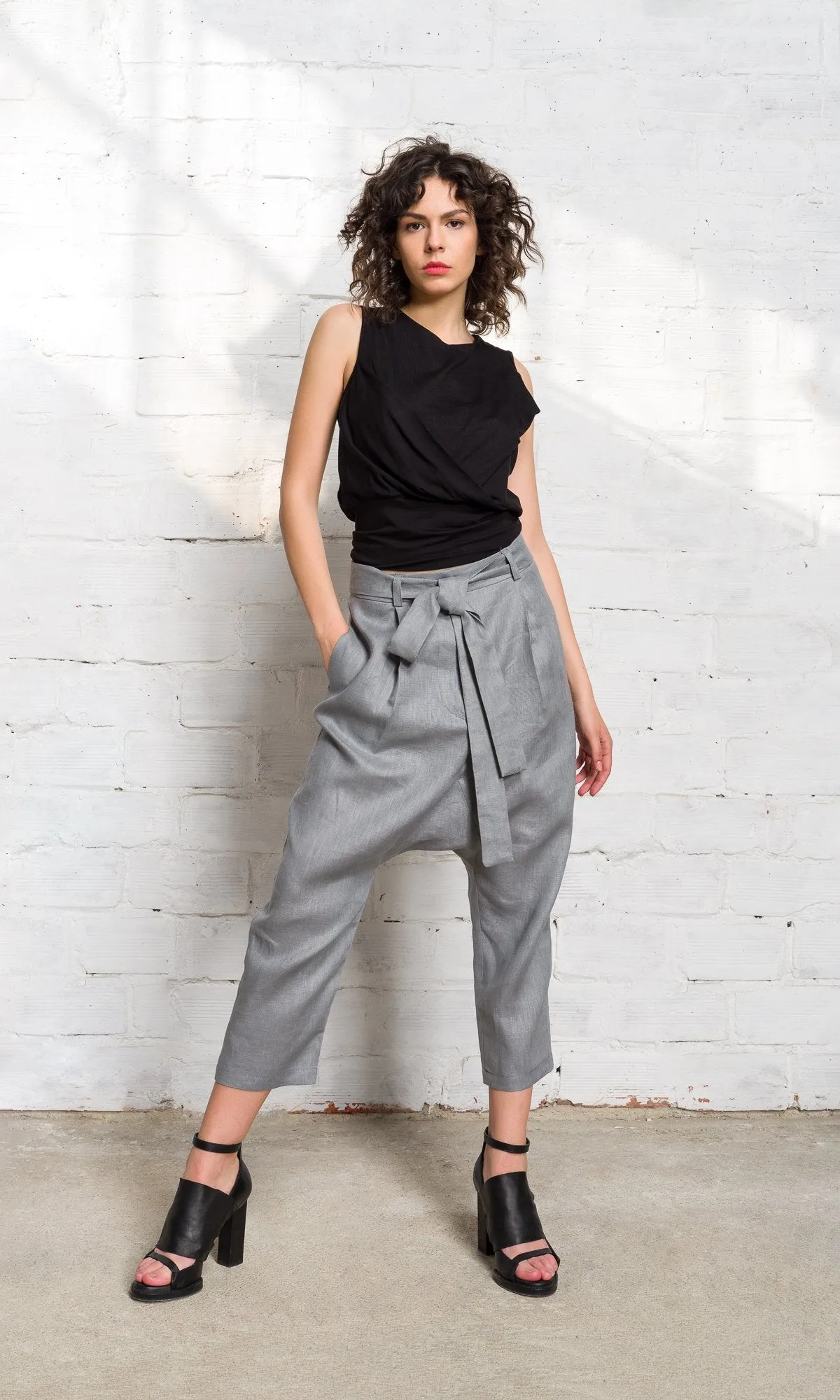 Linen Drop Crotch Pants with Belt