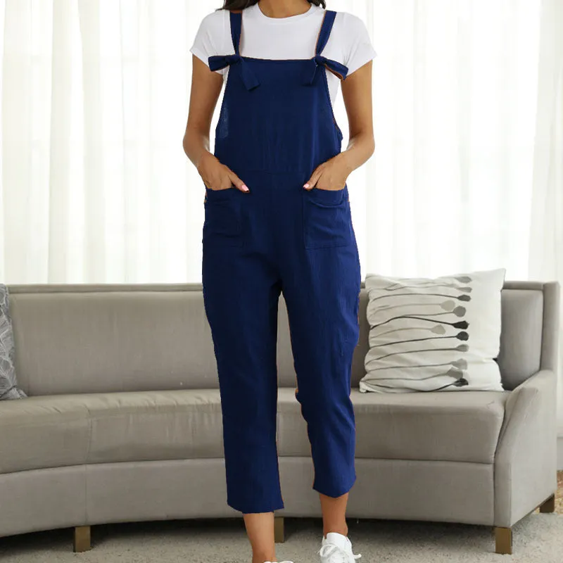 Literary cotton and linen strap casual jumpsuit