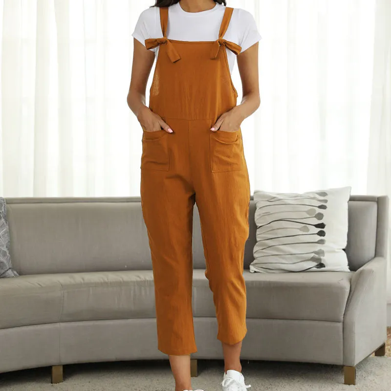 Literary cotton and linen strap casual jumpsuit