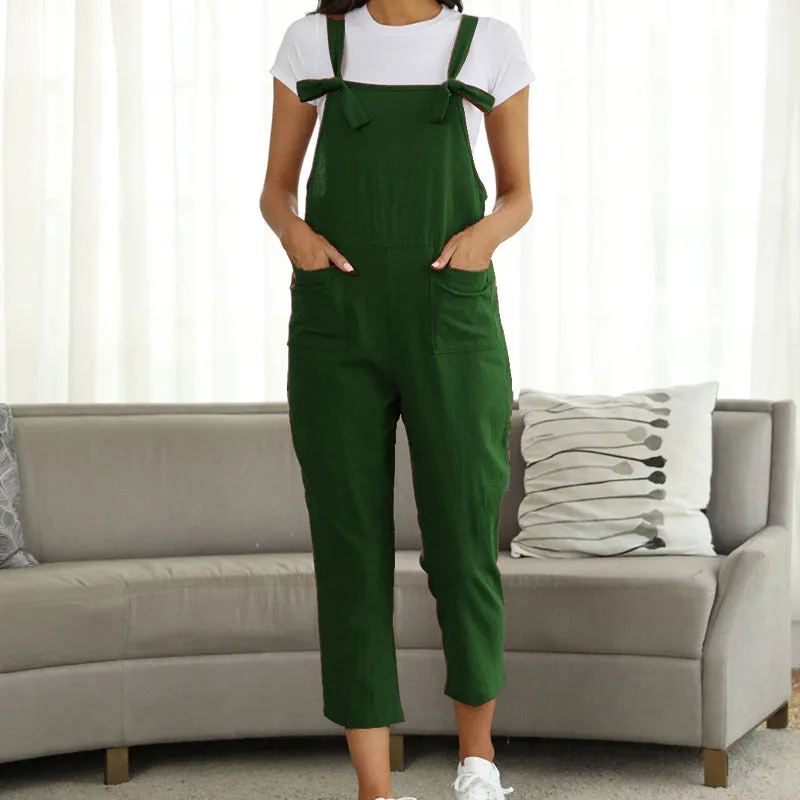 Literary cotton and linen strap casual jumpsuit