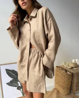 Loose Solid Color Long Sleeves Shirt and Shorts Suit