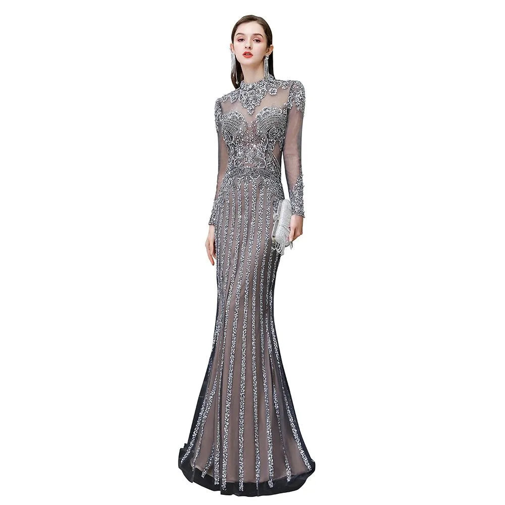 Luxury Sparkly beading High Neck Sheer Tulle Long Prom Dress