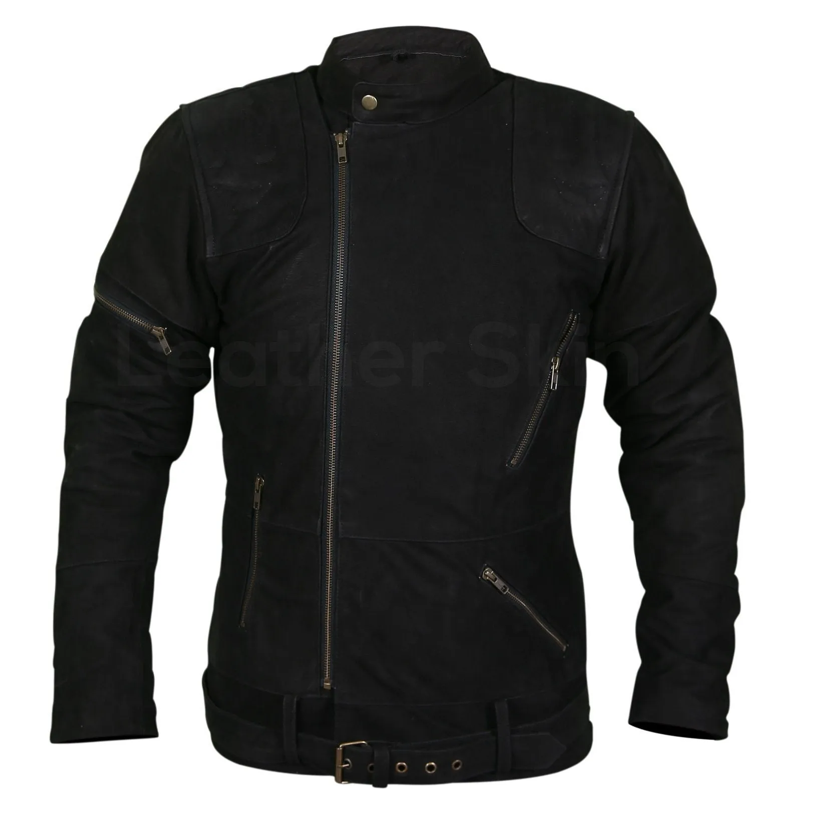 Men Black Suede Belted Leather Jacket with Zippers on Shoulders