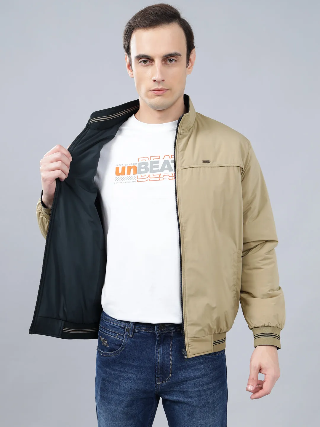 Men's Beige Solid Mock Neck Reversible Winter Jacket