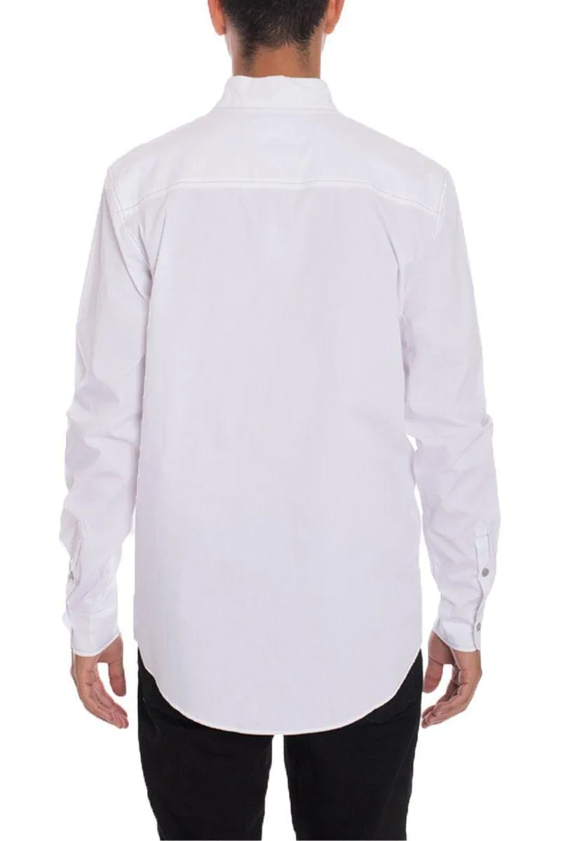 Mens Long Sleeve White Shirt Button Front Two Pockets