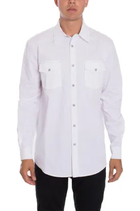 Mens Long Sleeve White Shirt Button Front Two Pockets