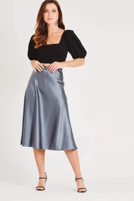 MERA GREY BLUE FLOWY SATIN SKIRT