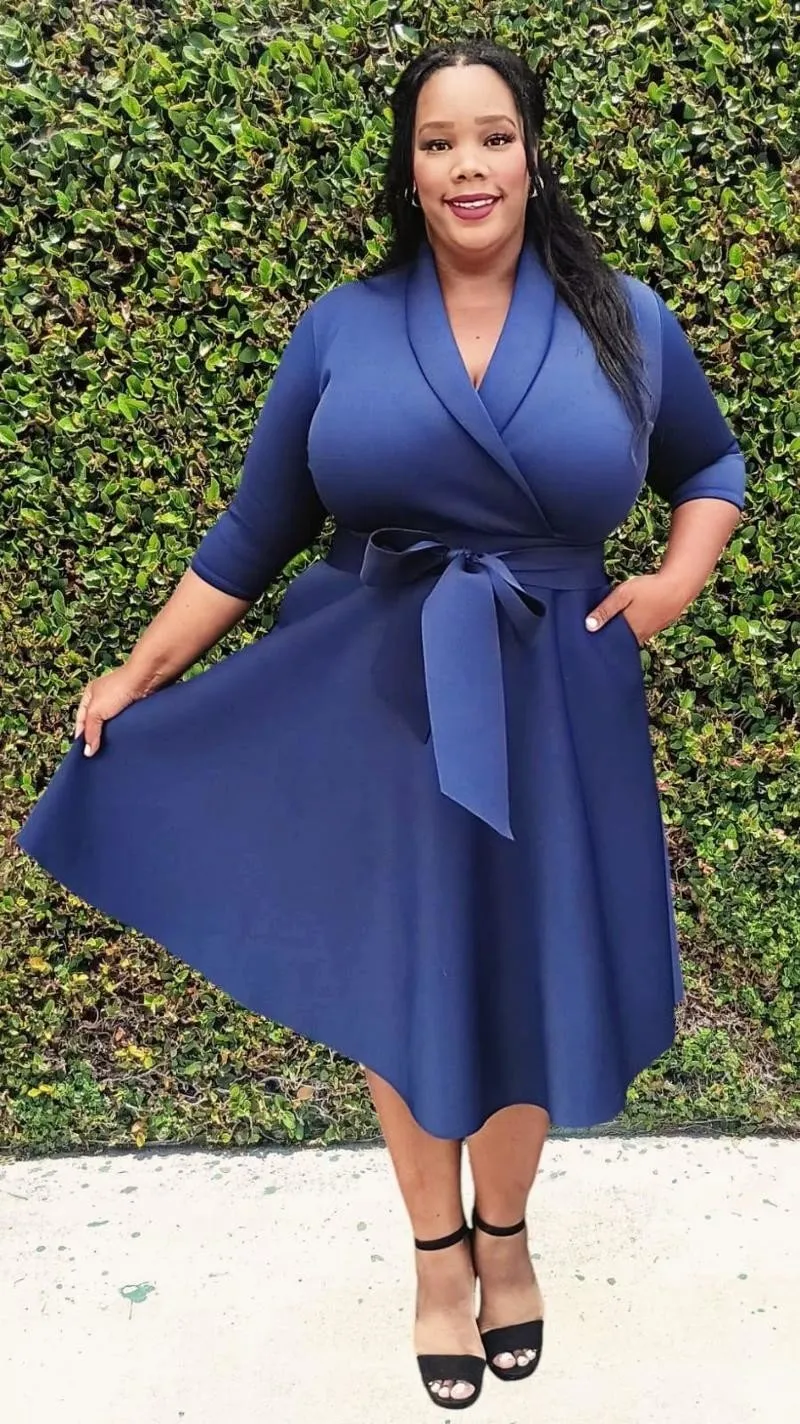 Plus Size 3/4 Sleeves  Flowy Warp Midi Flare Dress with Pockets and belt