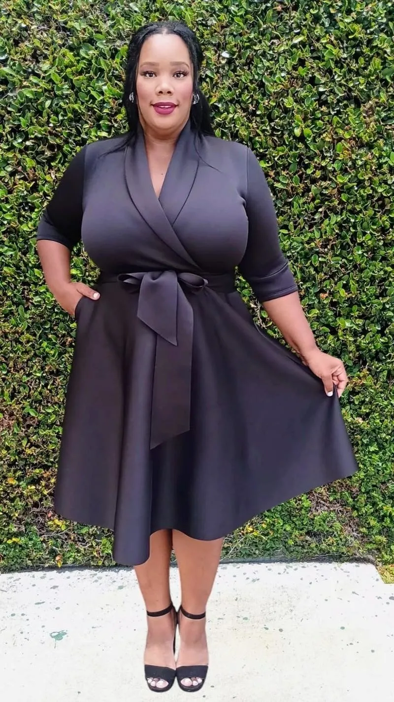 Plus Size 3/4 Sleeves  Flowy Warp Midi Flare Dress with Pockets and belt