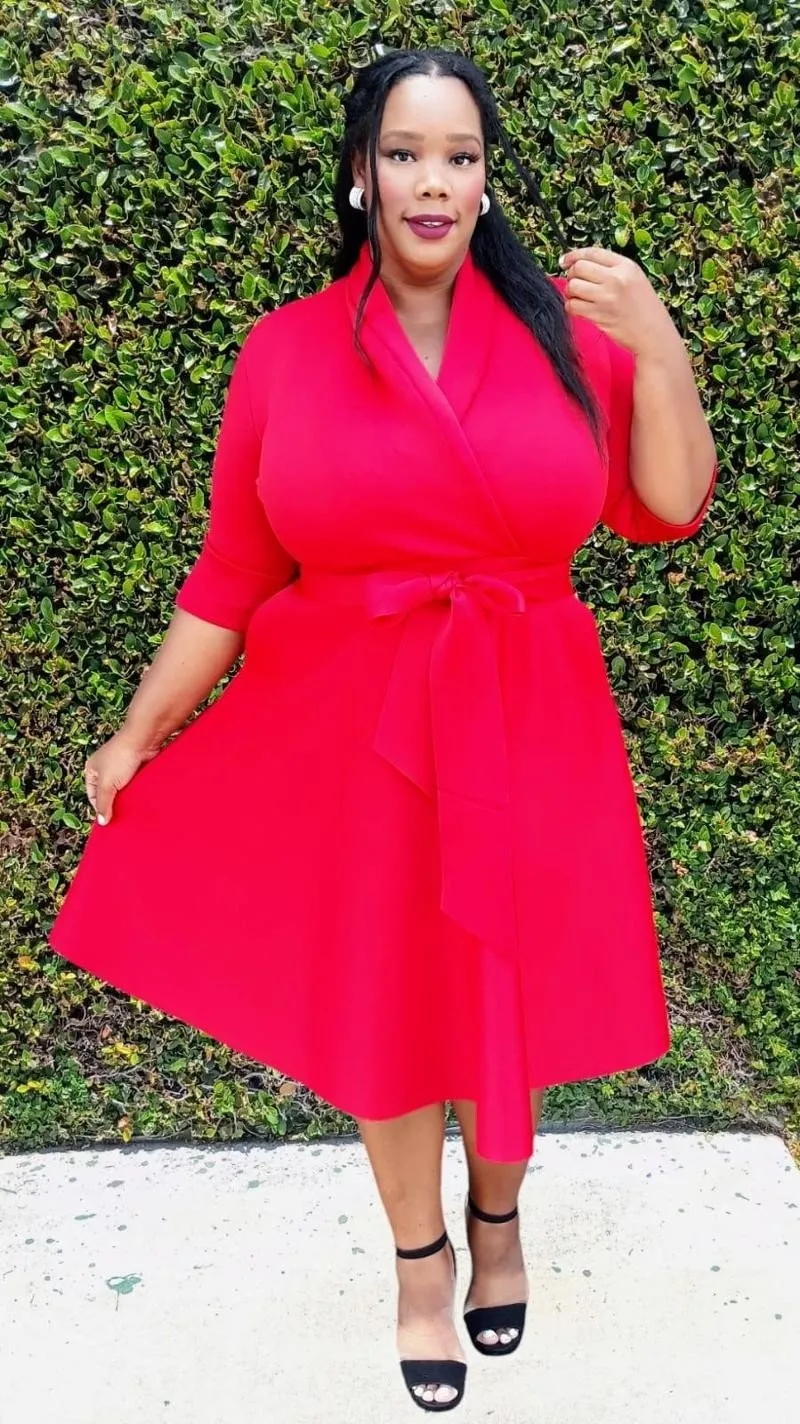 Plus Size 3/4 Sleeves  Flowy Warp Midi Flare Dress with Pockets and belt