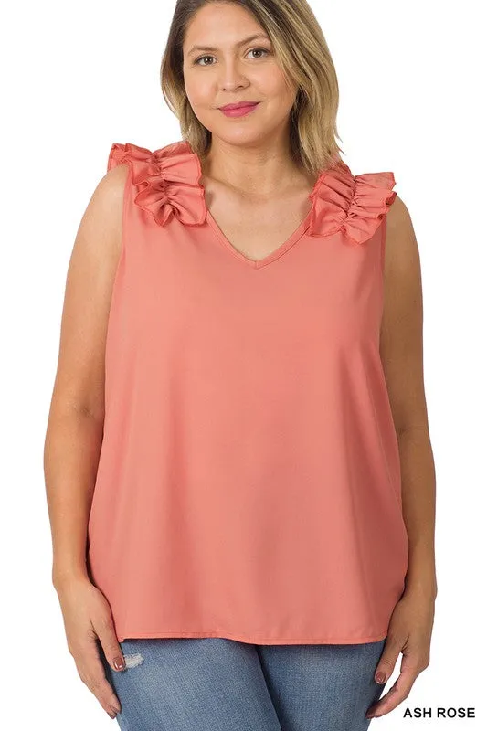 Plus Woven Wool Dobby Ruffle Trim Sleeveless Top