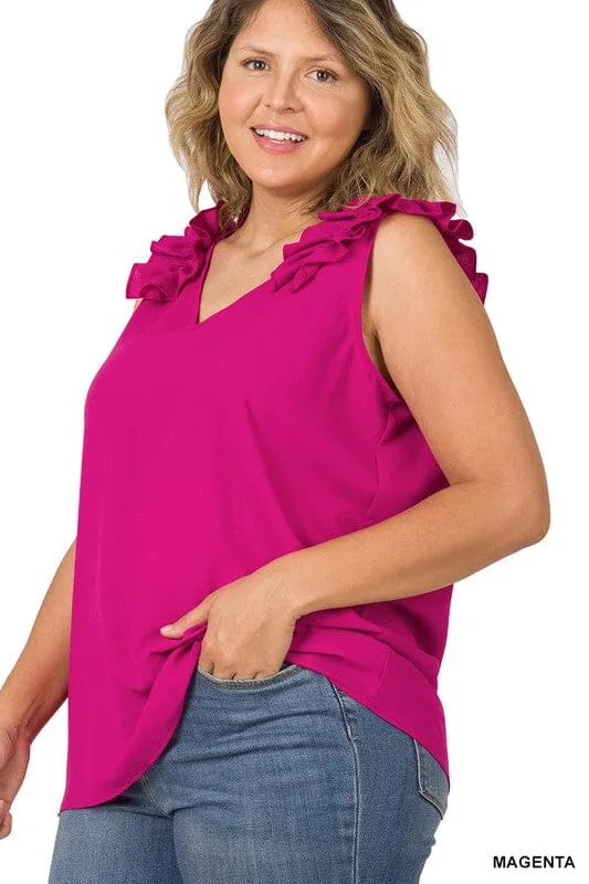 PLUS WOVEN WOOL DOBBY RUFFLE TRIM SLEEVELESS TOP