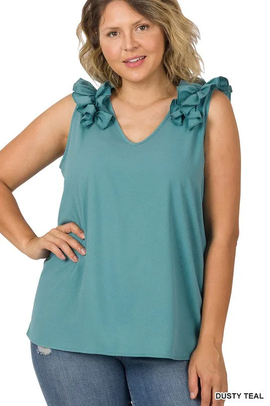 Plus Woven Wool Dobby Ruffle Trim Sleeveless Top