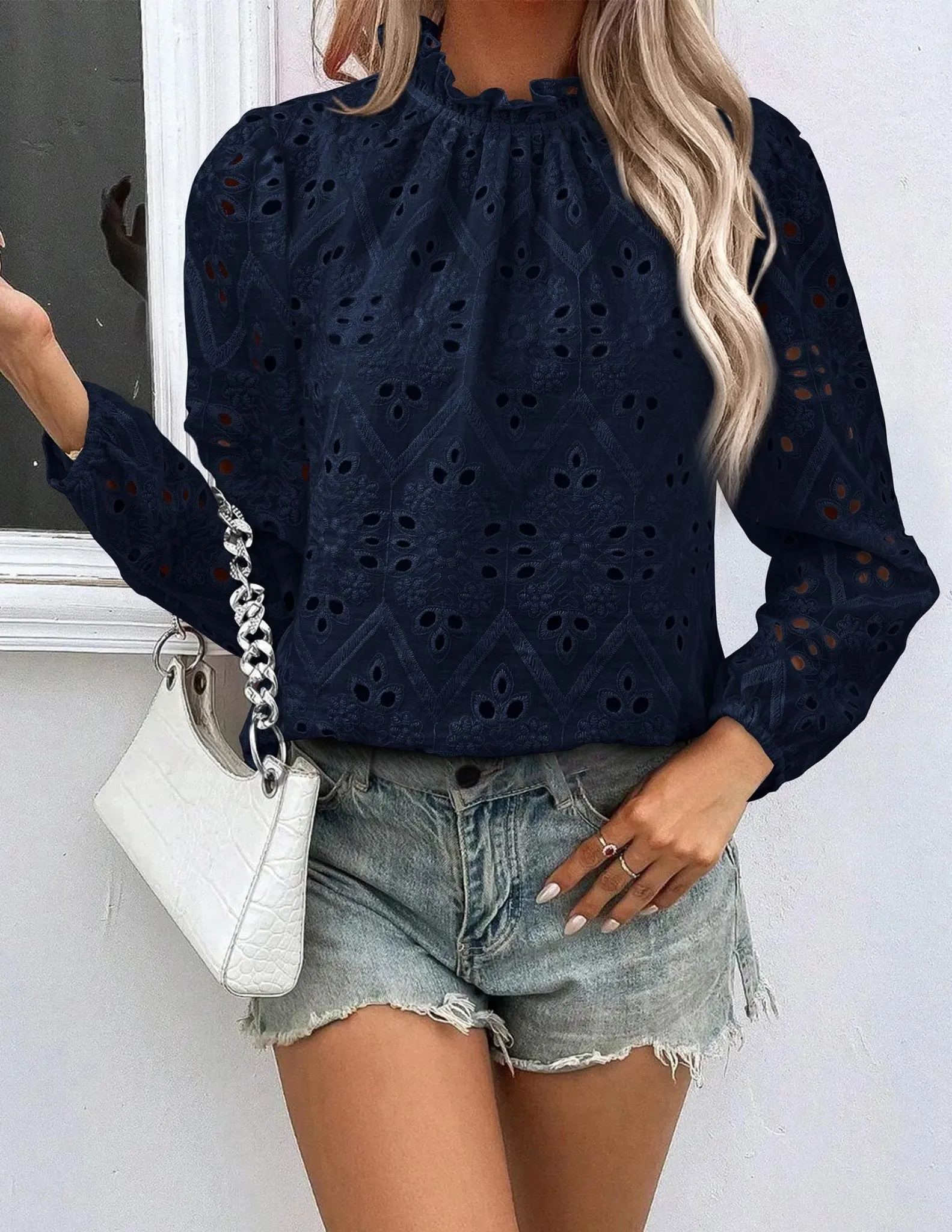 PRETTYGARDEN Womens Blouses Dressy Casual Embroidered Long Puff Sleeve Shirts Ruffle Eyelet Lace Top Fall Clothes (Navy,Medium)