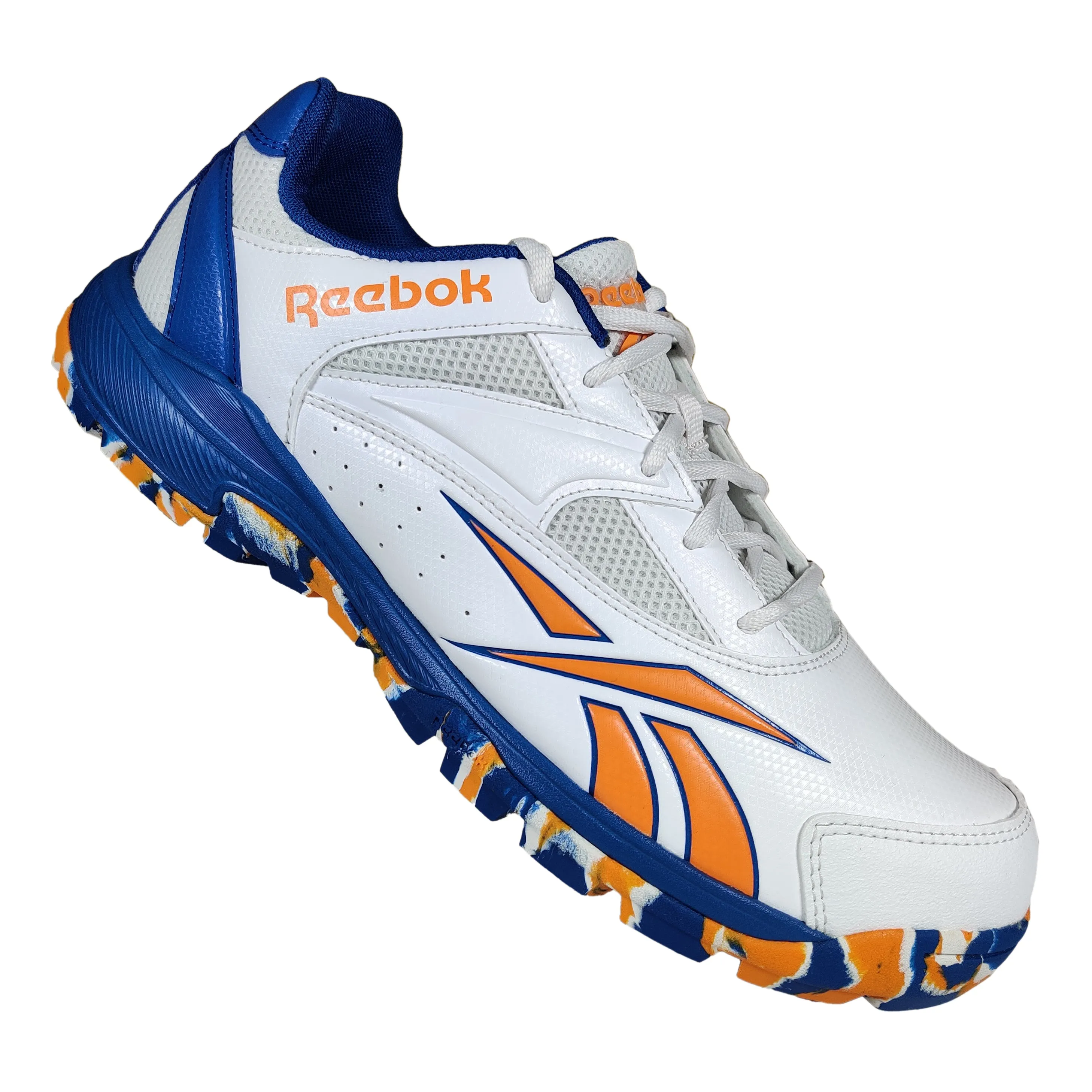 Reebok Re-volve Tech Cricket Shoe, White/Shocking Orange/Vector Blue