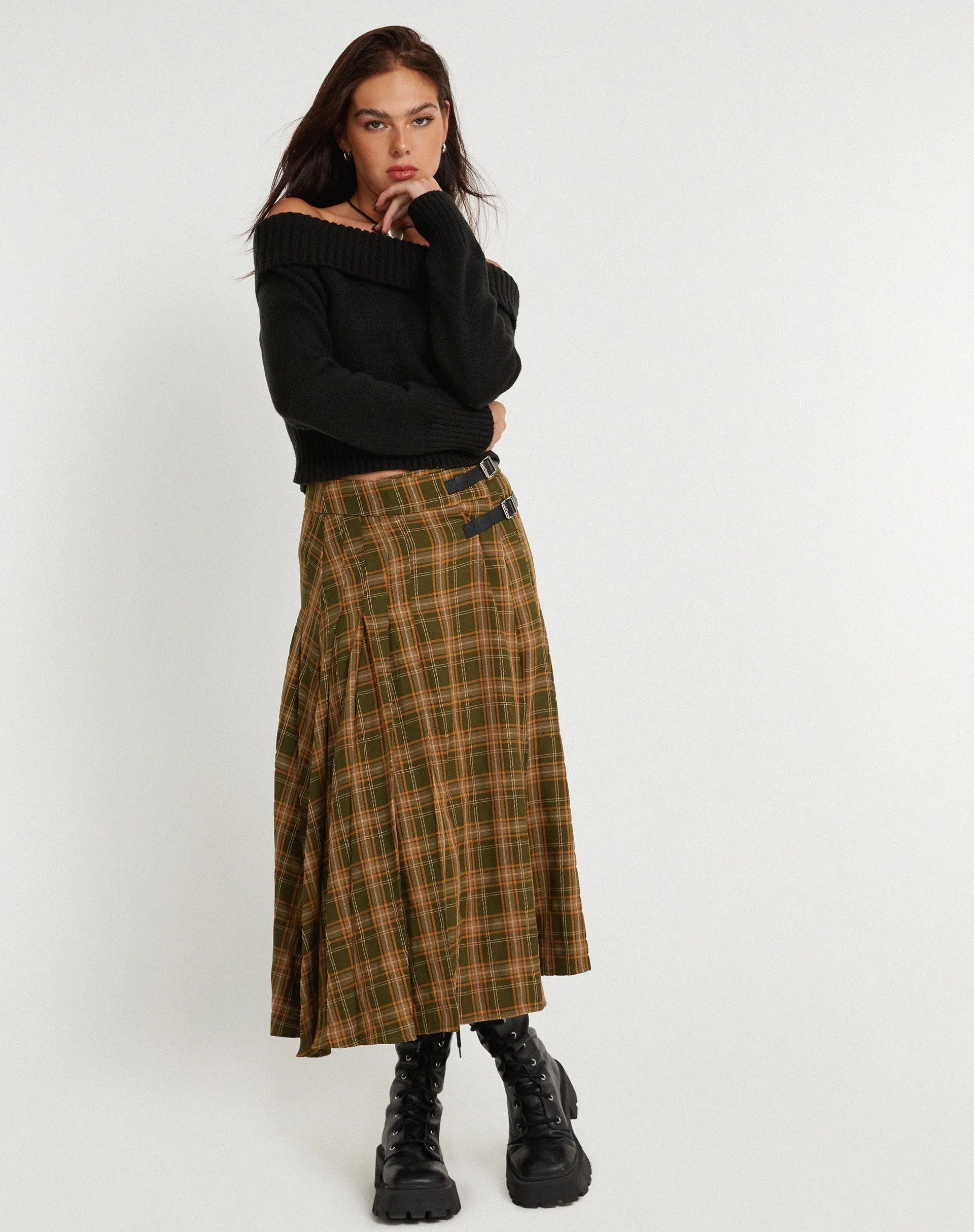 Rigifa Midi Skirt in Tartans Green Brown