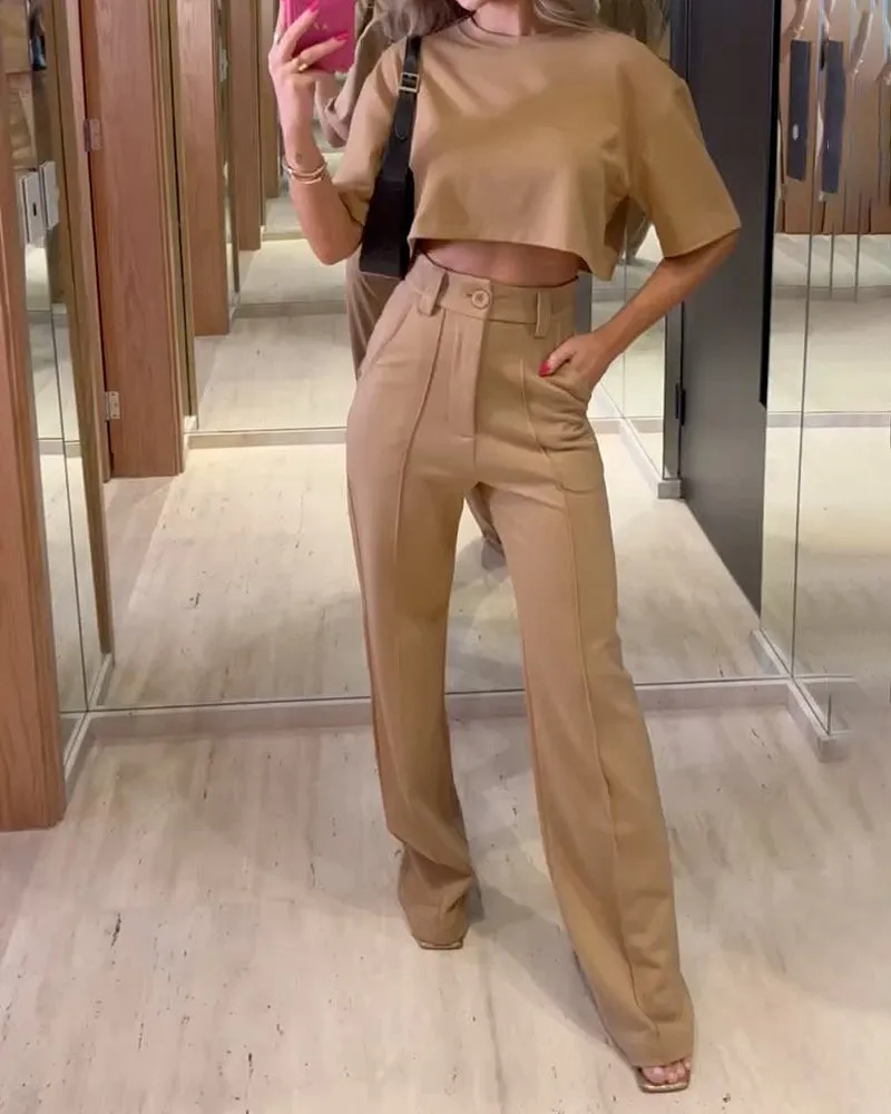 Short Sleeves Top & Trousers Solid Color Two-piece Suit